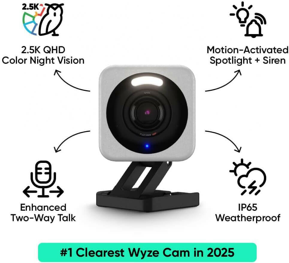Cam V4, 2.5K HD Wifi Smart Home Security Camera, Indoor/Outdoor, Pet/Baby Monitor, Motion Activated Spotlight/Siren, Color Night Vision, 2-Way Audio, Works with Alexa &amp; Google, Wired, Grey