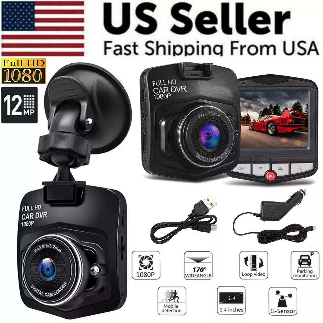 2.4 Inch Full HD 1080P Dash Cam, Car DVR Front or Rear Camera Night Vision G Sensor