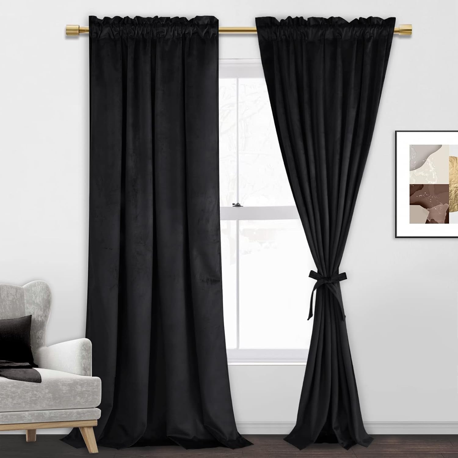 Velvet Blackout Curtains for Living Room - 84 Inches Thermal Insulated Room Darkening Rod Pocket Drapes for Office/Party, Set of 2 Panels with Tiebacks, 52W X 84L,Black