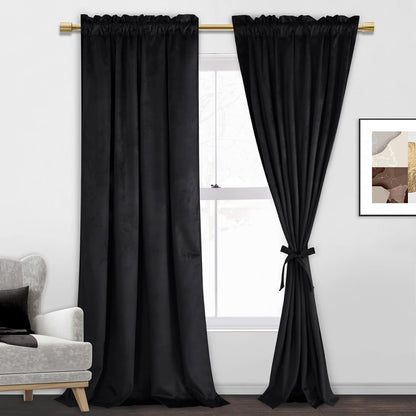 Velvet Blackout Curtains for Living Room - 84 Inches Thermal Insulated Room Darkening Rod Pocket Drapes for Office/Party, Set of 2 Panels with Tiebacks, 52W X 84L,Black