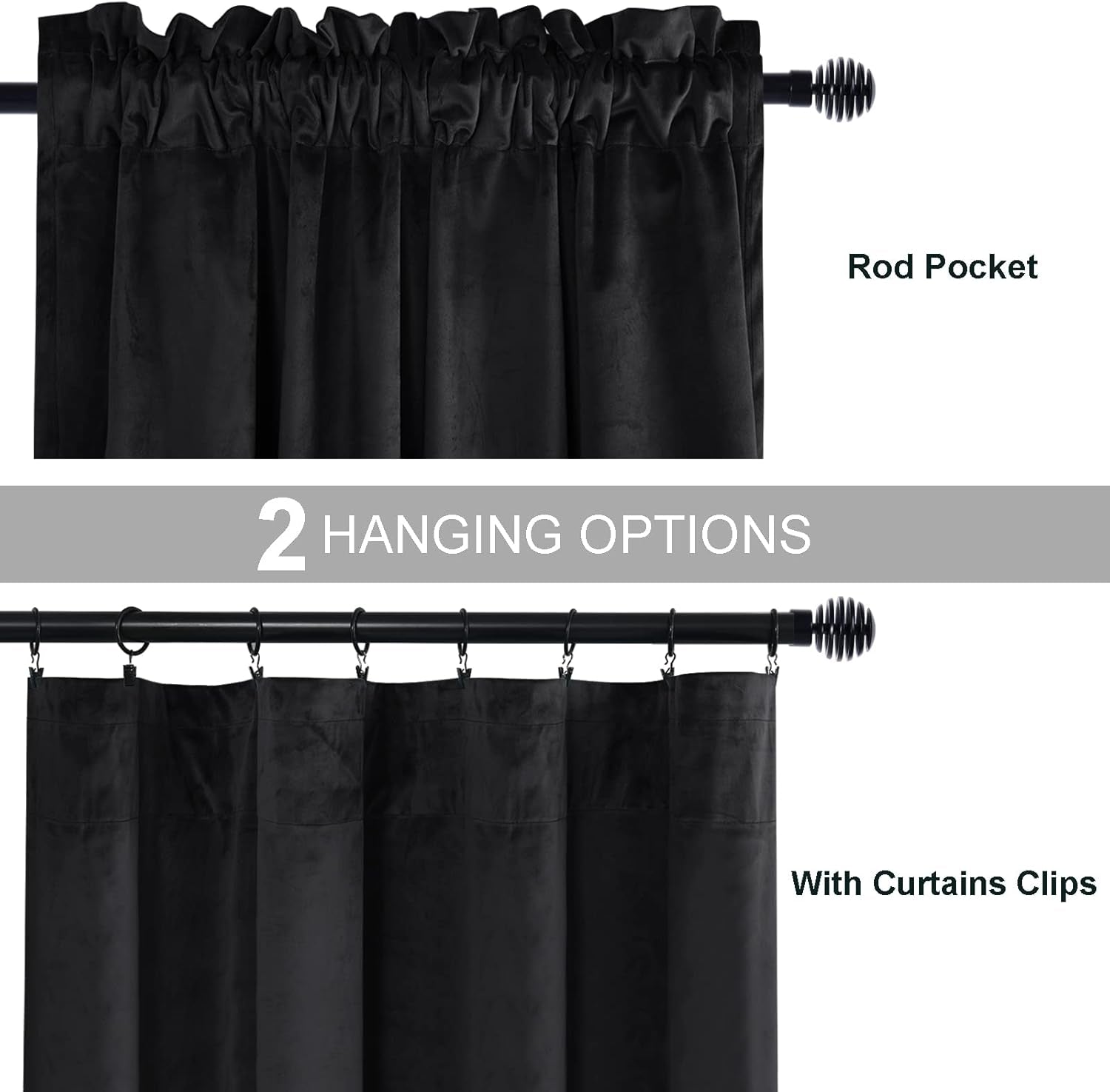 Velvet Blackout Curtains for Living Room - 84 Inches Thermal Insulated Room Darkening Rod Pocket Drapes for Office/Party, Set of 2 Panels with Tiebacks, 52W X 84L,Black