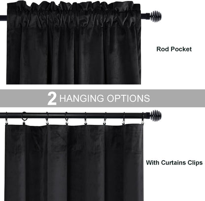 Velvet Blackout Curtains for Living Room - 84 Inches Thermal Insulated Room Darkening Rod Pocket Drapes for Office/Party, Set of 2 Panels with Tiebacks, 52W X 84L,Black