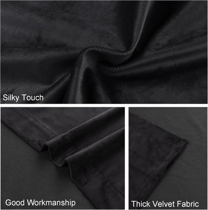 Velvet Blackout Curtains for Living Room - 84 Inches Thermal Insulated Room Darkening Rod Pocket Drapes for Office/Party, Set of 2 Panels with Tiebacks, 52W X 84L,Black