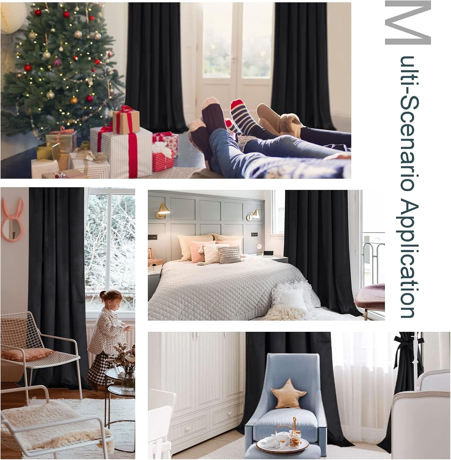 Velvet Blackout Curtains for Living Room - 84 Inches Thermal Insulated Room Darkening Rod Pocket Drapes for Office/Party, Set of 2 Panels with Tiebacks, 52W X 84L,Black
