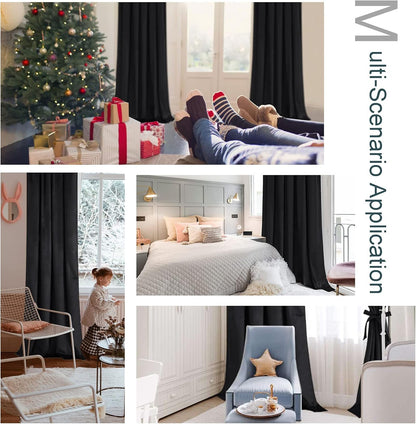 Velvet Blackout Curtains for Living Room - 84 Inches Thermal Insulated Room Darkening Rod Pocket Drapes for Office/Party, Set of 2 Panels with Tiebacks, 52W X 84L,Black