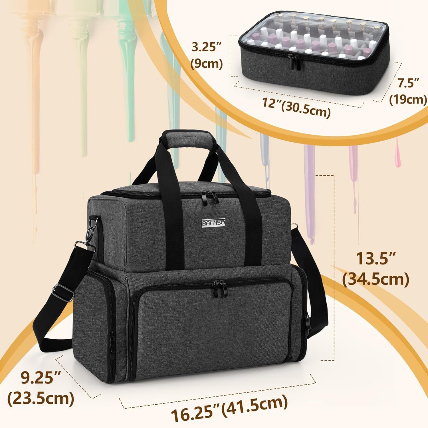 Double Layer Nail Polish Organizer Holds 80 Bottles (15Ml - 0.5 Fl.Oz) and a UV Nail Lamp, Nail Polish Case with 2 Removable Pouches and Manicure Tools Storage Sections (Bag Only), Black