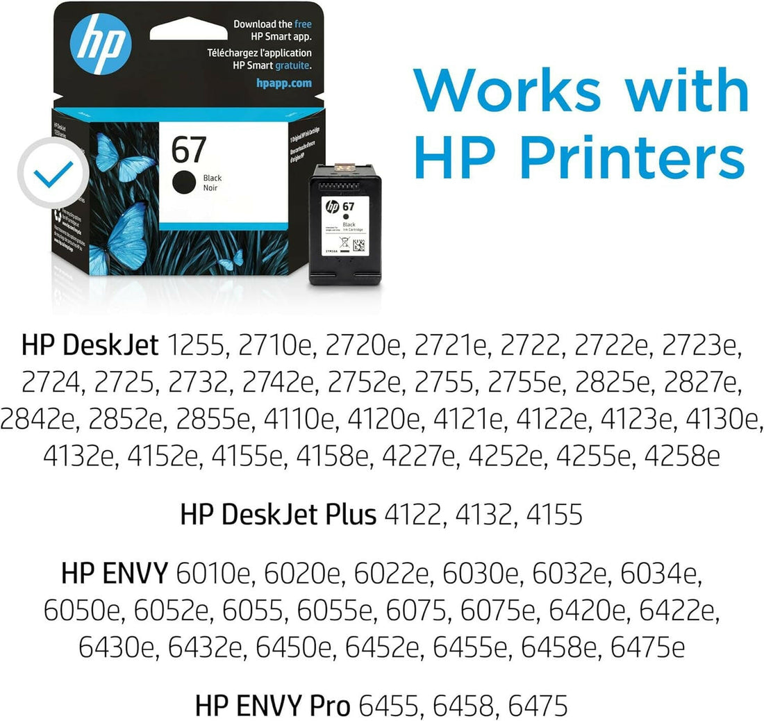 Original  67 Black Ink Cartridge | Works with  Deskjet 1255, 2700, 4100 Series,  Envy 6000, 6400 Series | Eligible for Instant Ink | 3YM56AN