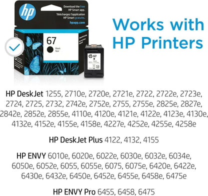 Original  67 Black Ink Cartridge | Works with  Deskjet 1255, 2700, 4100 Series,  Envy 6000, 6400 Series | Eligible for Instant Ink | 3YM56AN