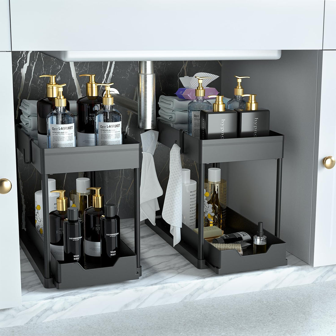 under Sink Organizer 2 Pack, Bathroom Organizers, 2 Tier Sliding Cabinet Basket Organizer Drawer, Multi-Purpose Bath Collection Baskets for Bathroom (Black)