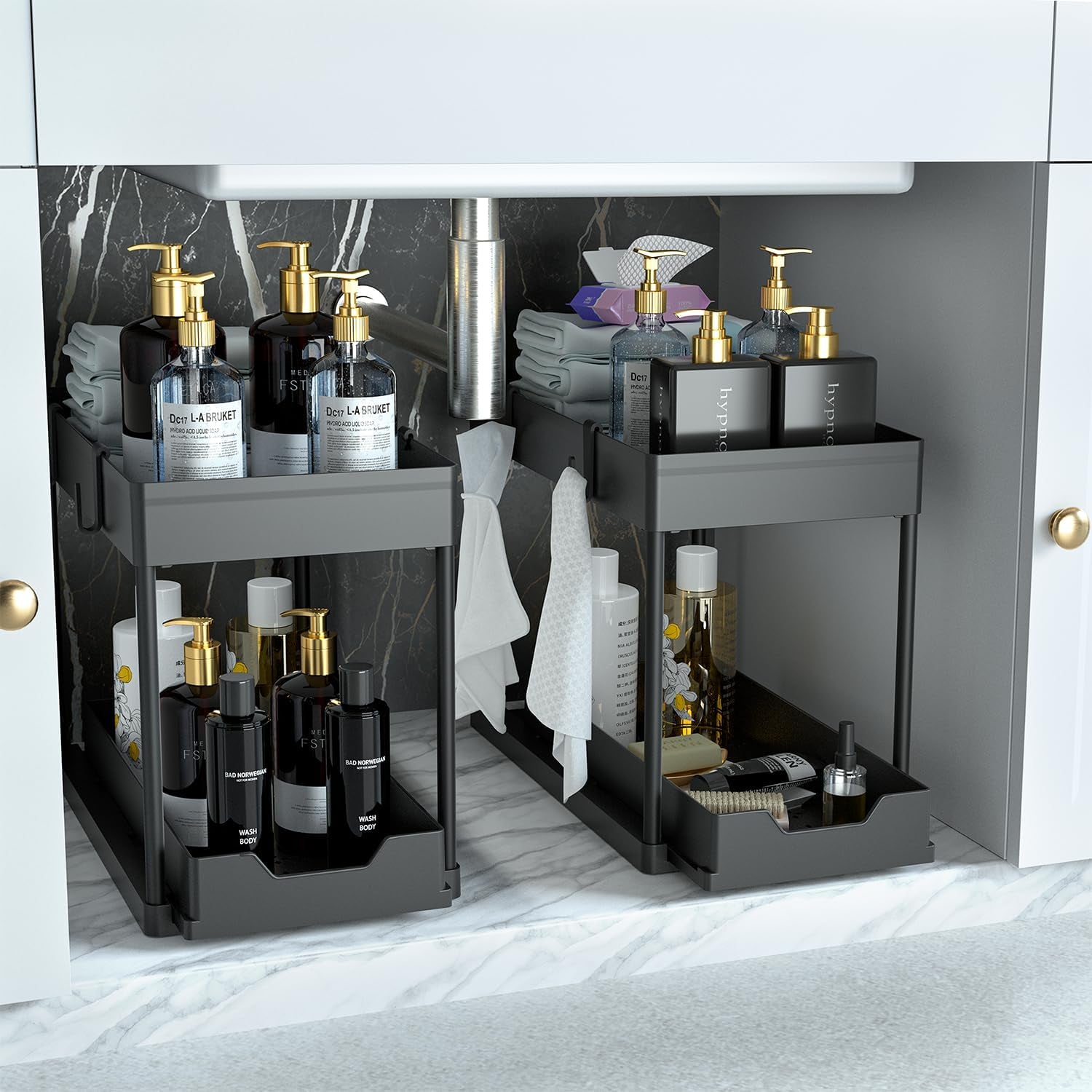 under Sink Organizer 2 Pack, Bathroom Organizers, 2 Tier Sliding Cabinet Basket Organizer Drawer, Multi-Purpose Bath Collection Baskets for Bathroom (Black)
