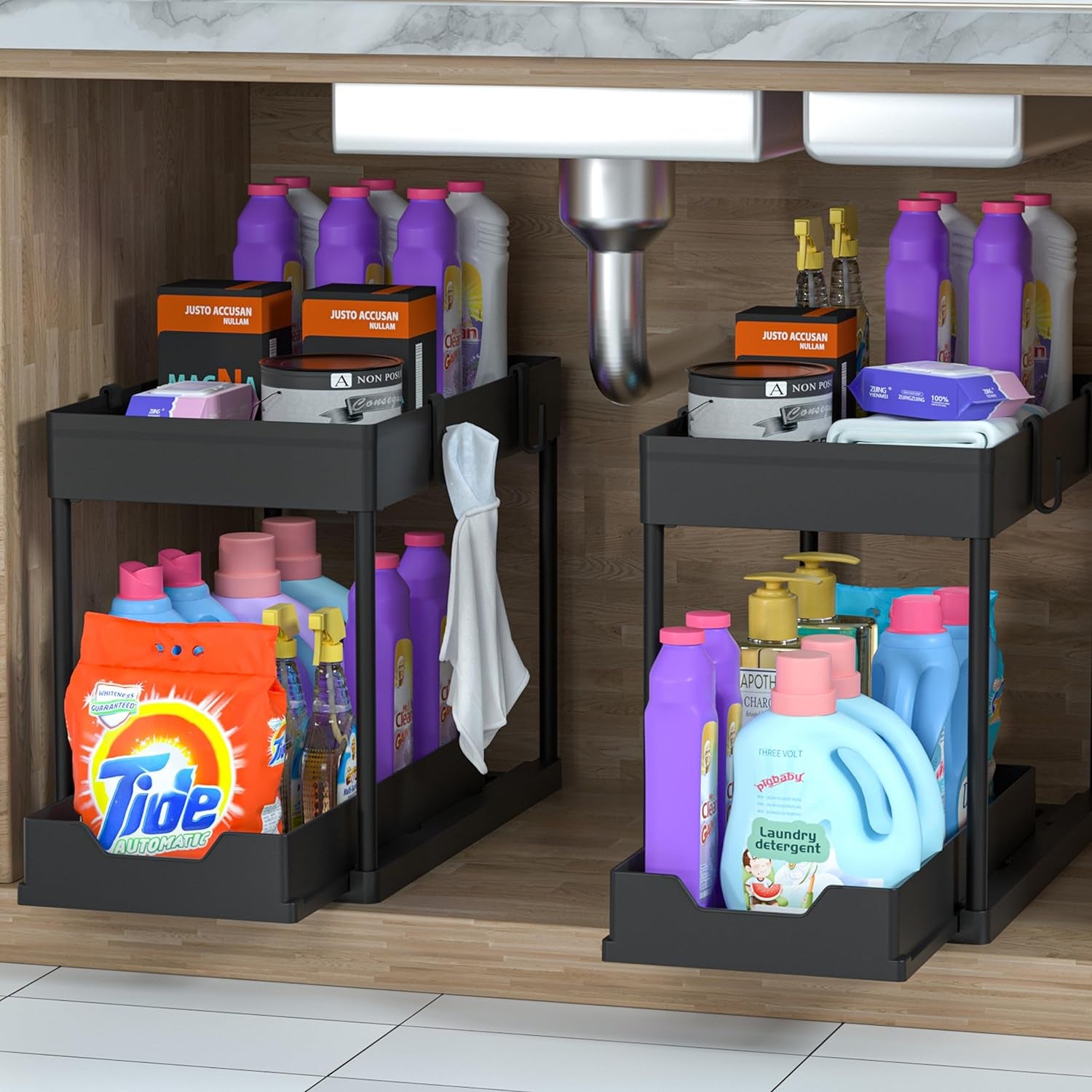 under Sink Organizer 2 Pack, Bathroom Organizers, 2 Tier Sliding Cabinet Basket Organizer Drawer, Multi-Purpose Bath Collection Baskets for Bathroom (Black)