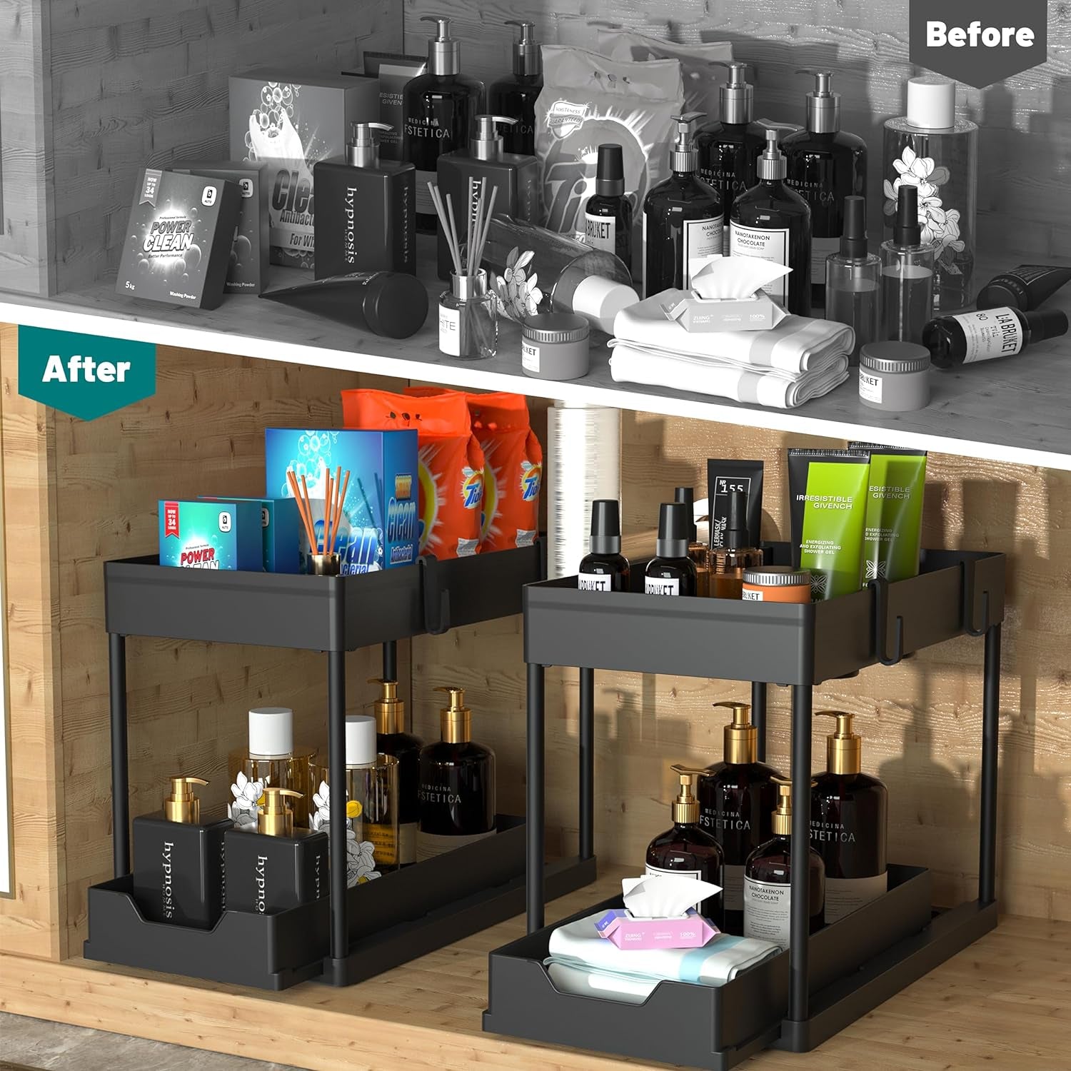 under Sink Organizer 2 Pack, Bathroom Organizers, 2 Tier Sliding Cabinet Basket Organizer Drawer, Multi-Purpose Bath Collection Baskets for Bathroom (Black)