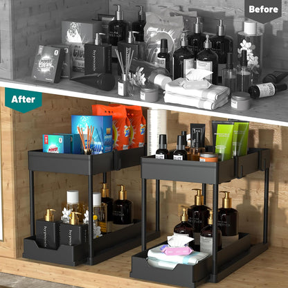 under Sink Organizer 2 Pack, Bathroom Organizers, 2 Tier Sliding Cabinet Basket Organizer Drawer, Multi-Purpose Bath Collection Baskets for Bathroom (Black)