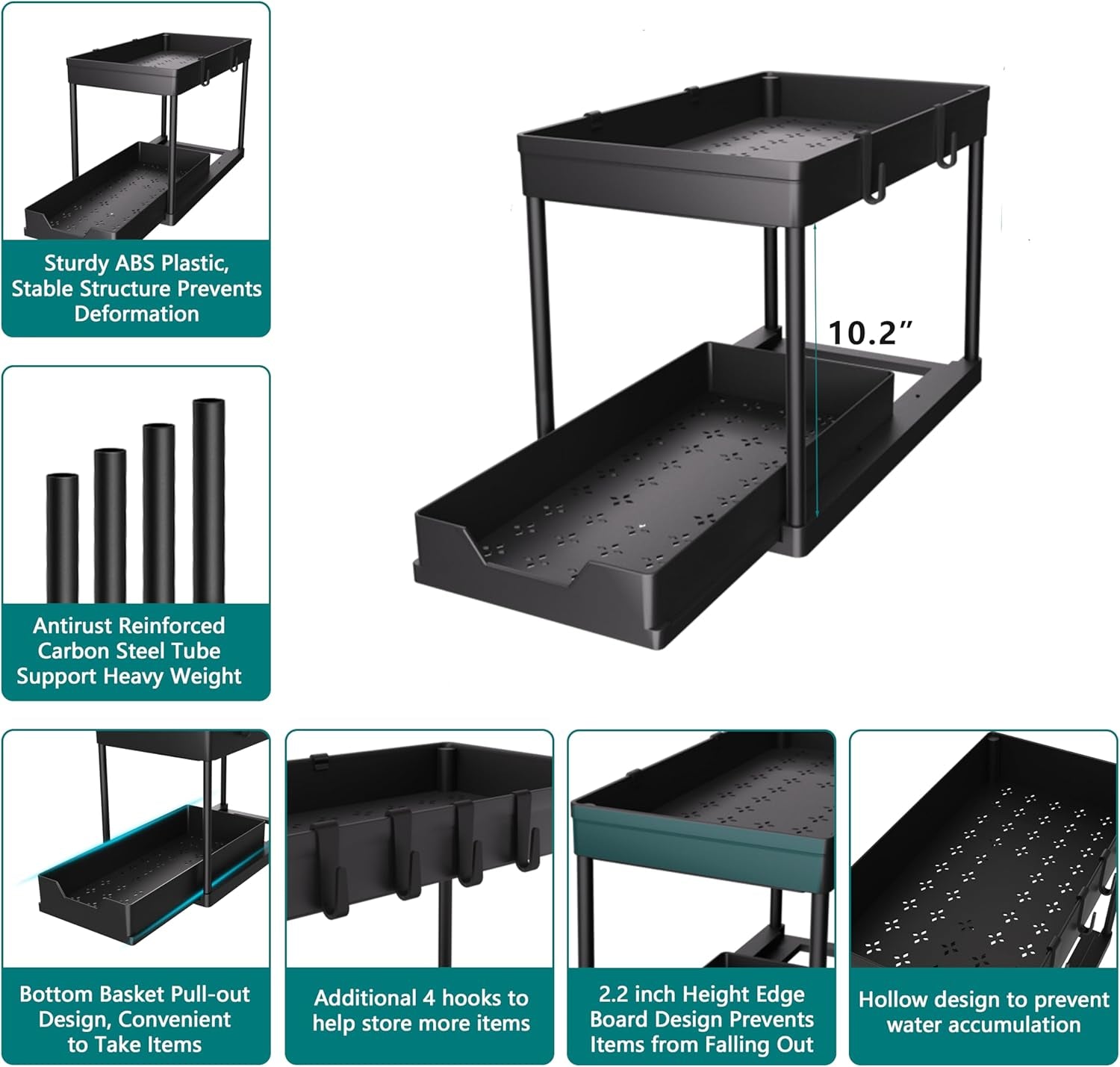 under Sink Organizer 2 Pack, Bathroom Organizers, 2 Tier Sliding Cabinet Basket Organizer Drawer, Multi-Purpose Bath Collection Baskets for Bathroom (Black)
