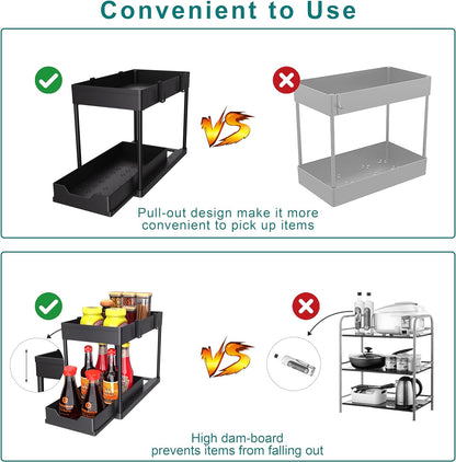 under Sink Organizer 2 Pack, Bathroom Organizers, 2 Tier Sliding Cabinet Basket Organizer Drawer, Multi-Purpose Bath Collection Baskets for Bathroom (Black)