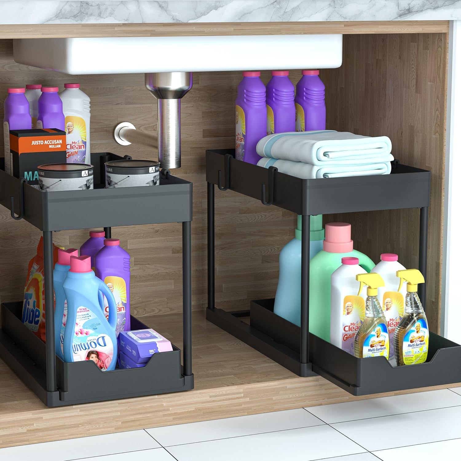 under Sink Organizer 2 Pack, Bathroom Organizers, 2 Tier Sliding Cabinet Basket Organizer Drawer, Multi-Purpose Bath Collection Baskets for Bathroom (Black)
