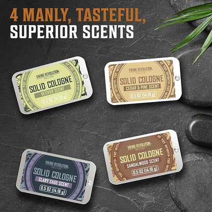 - Cologne - Solid Cologne for Men with Cedar Wood, Clary Sage, Vetiver, Sandalwood - Gifts for Men - Valentines Day Gift for Him - 4 Pack - 4 X 14 G