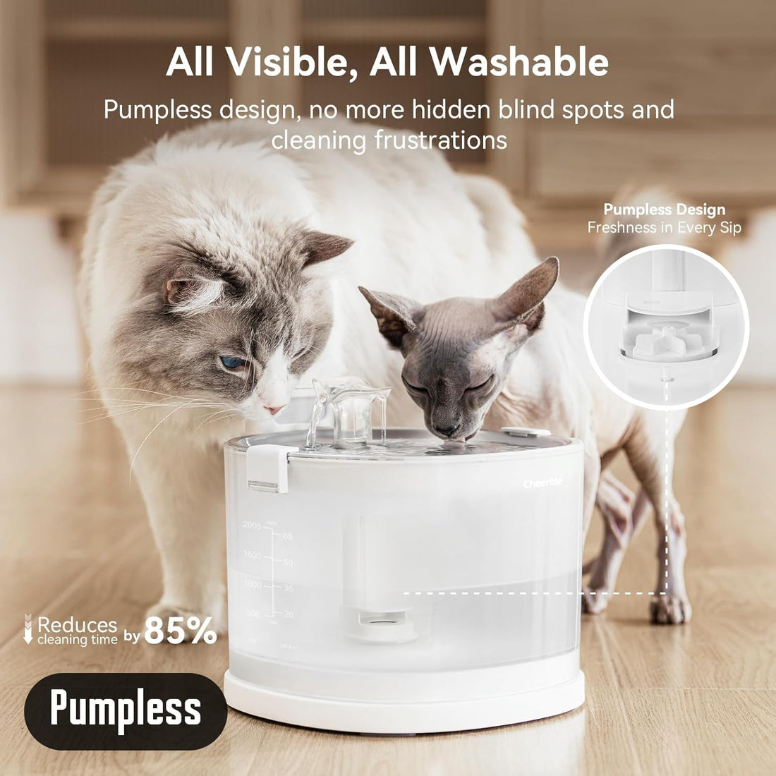 Pumpless Cat Water Fountain, Wireless Pet Fountain Battery Operated, 2L/67Oz E1+ Automatic Cat Water Dispenser Magdrive™ Technology Stainless Steel Tray (Cordless, E1+)