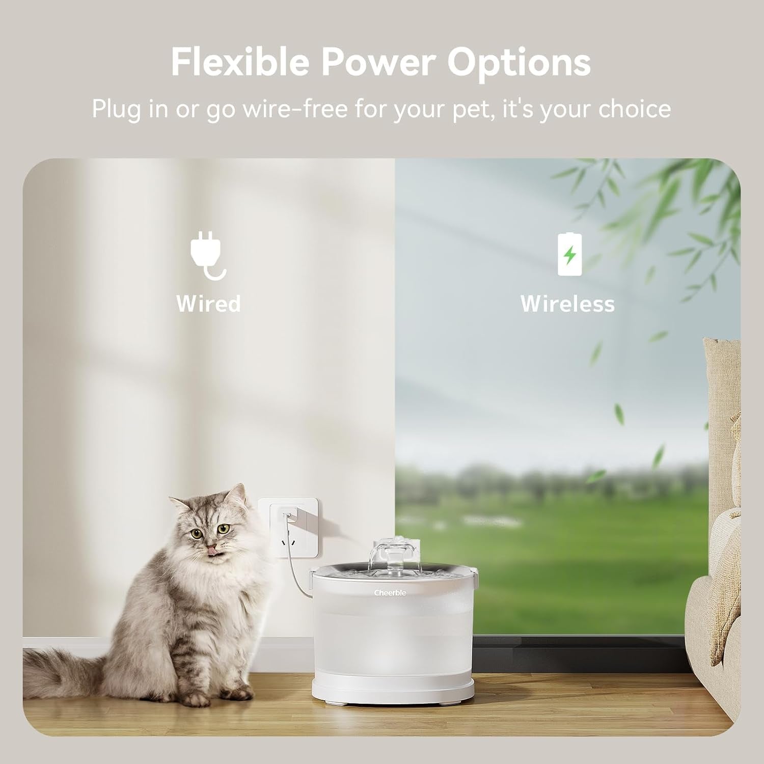 Pumpless Cat Water Fountain, Wireless Pet Fountain Battery Operated, 2L/67Oz E1+ Automatic Cat Water Dispenser Magdrive™ Technology Stainless Steel Tray (Cordless, E1+)