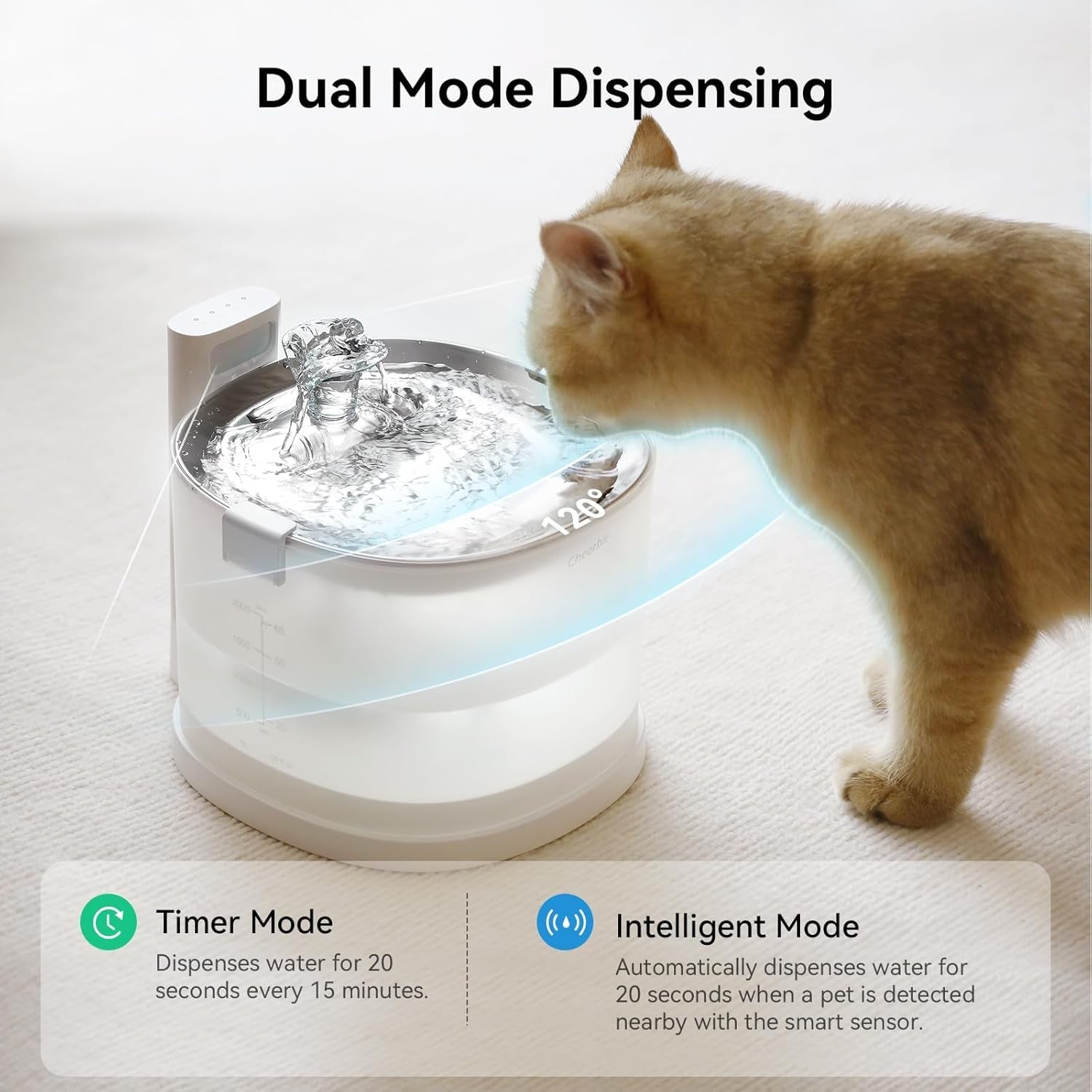 Pumpless Cat Water Fountain, Wireless Pet Fountain Battery Operated, 2L/67Oz E1+ Automatic Cat Water Dispenser Magdrive™ Technology Stainless Steel Tray (Cordless, E1+)