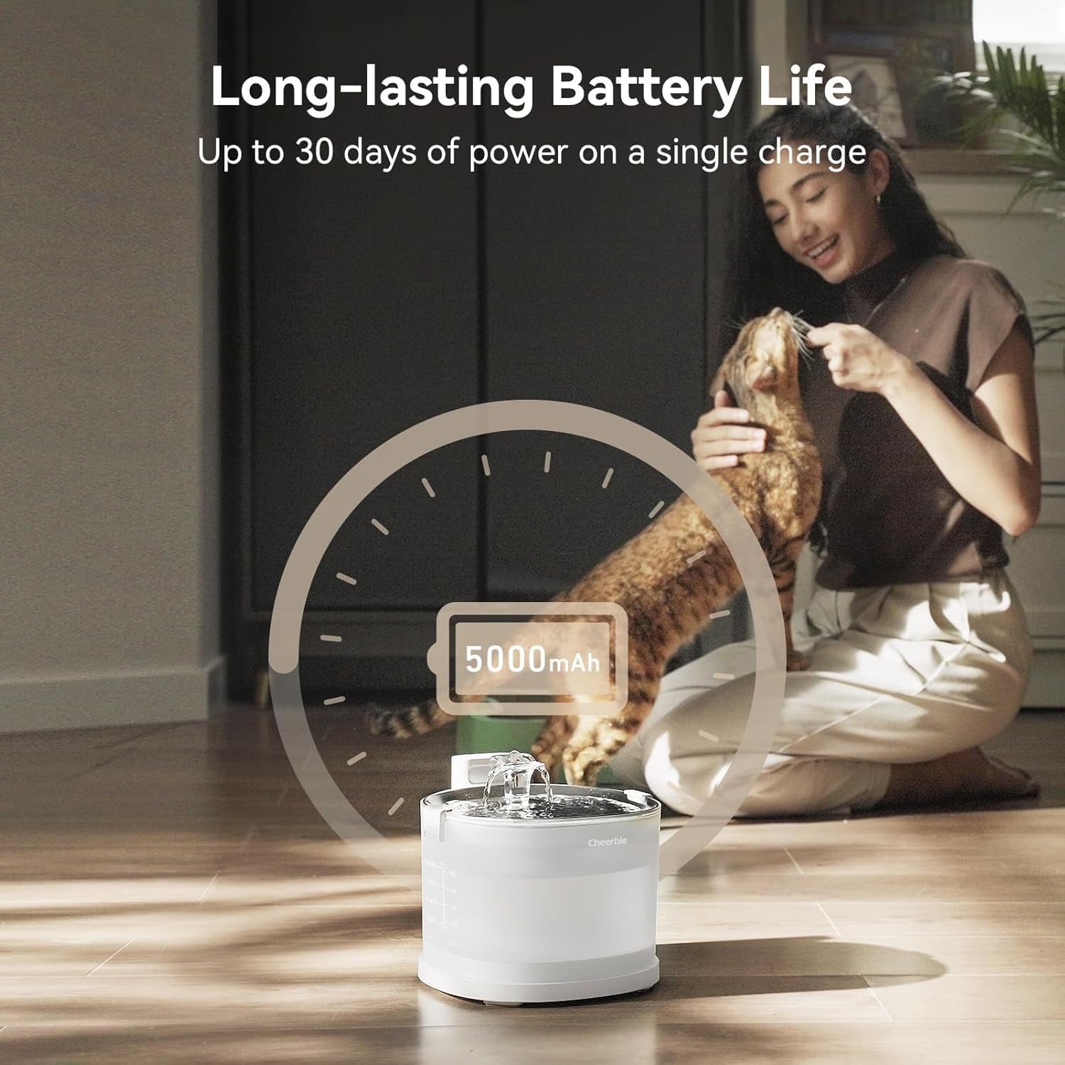 Pumpless Cat Water Fountain, Wireless Pet Fountain Battery Operated, 2L/67Oz E1+ Automatic Cat Water Dispenser Magdrive™ Technology Stainless Steel Tray (Cordless, E1+)