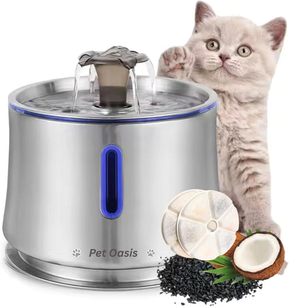 Cat Water Fountain 84Oz/2.5L Stainless Steel, Automatic Dog Water Dispenser, Ultra-Quiet Pump, Water Level Window, Bpa-Free, Advanced Filtration with 2 Filters for Cats, Dogs &amp; Multiple Pets.