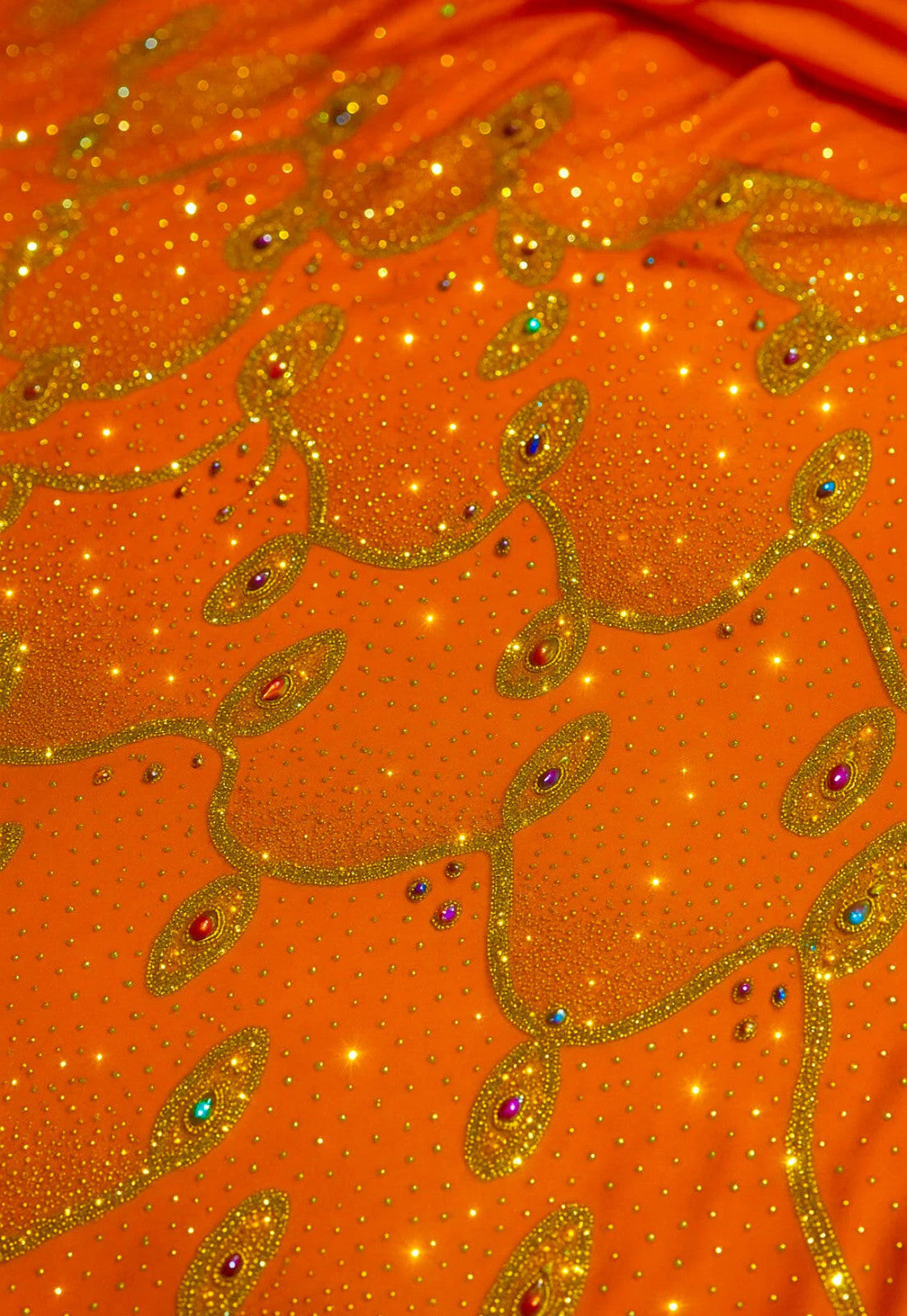 Luxury Hand-Embellished Orange Fabric – Royal Diamond Stonework | Premium