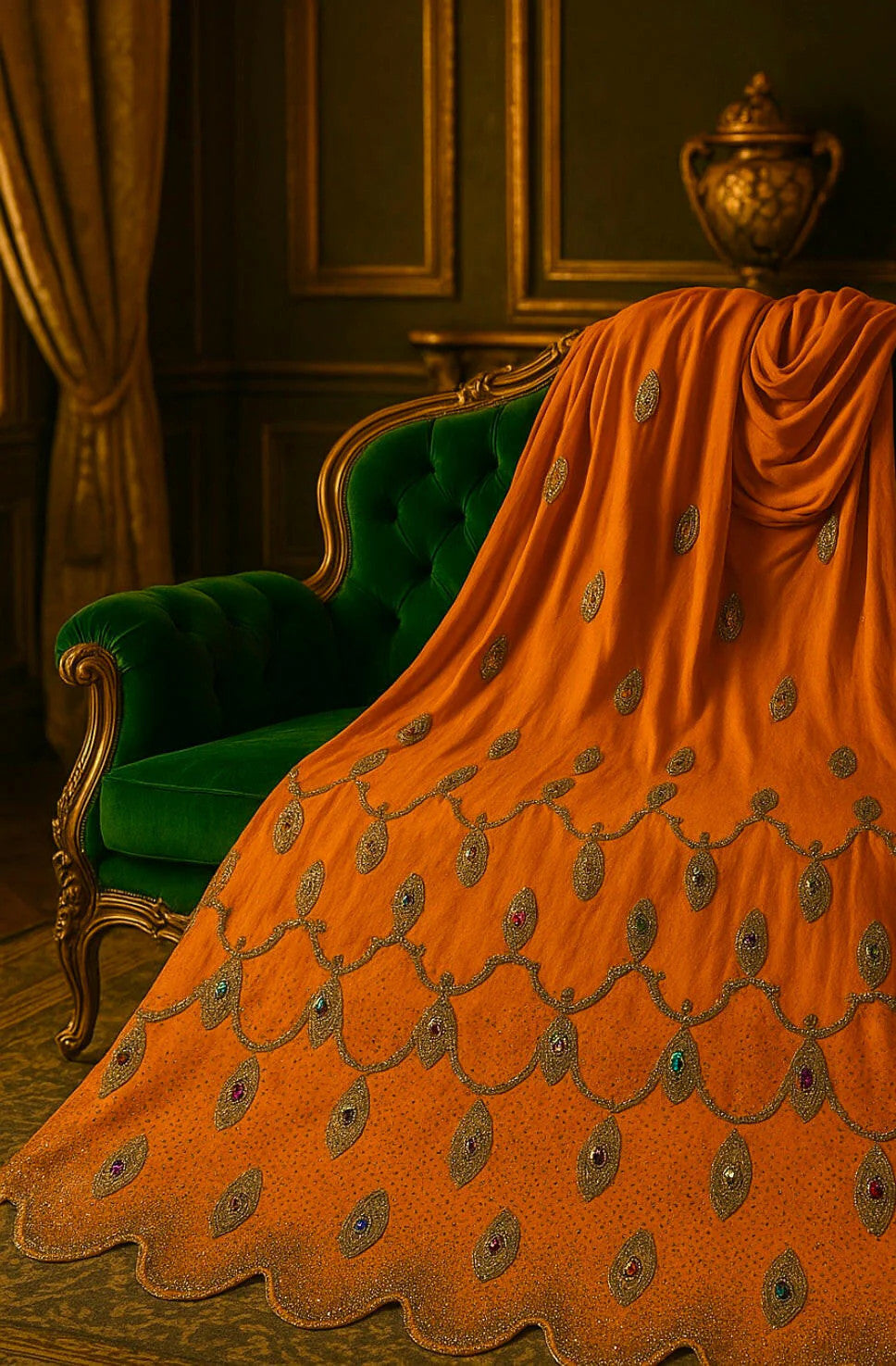 Luxury Hand-Embellished Orange Fabric – Royal Diamond Stonework | Premium