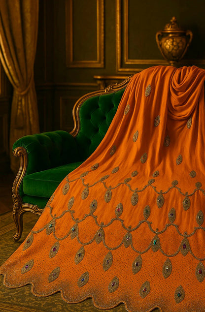 Luxury Hand-Embellished Orange Fabric – Royal Diamond Stonework | Premium