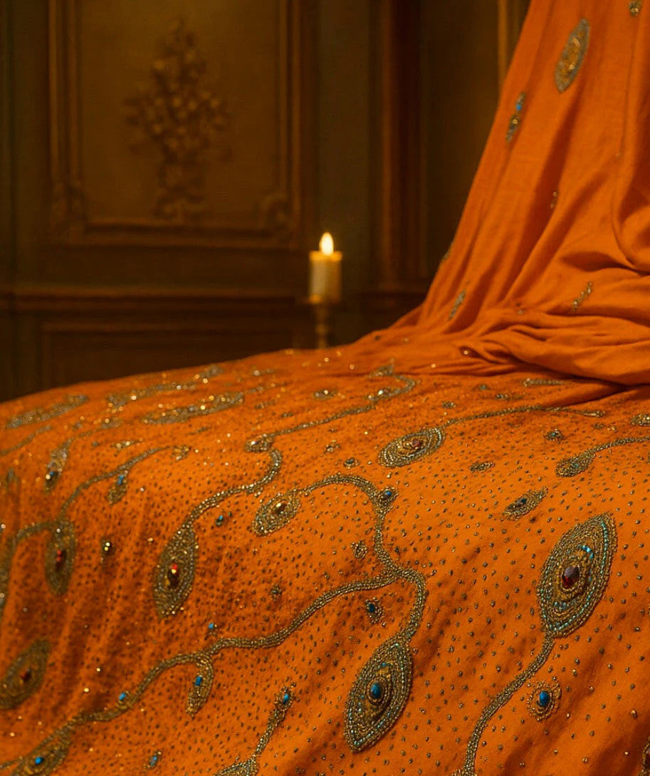 Luxury Hand-Embellished Orange Fabric – Royal Diamond Stonework | Premium