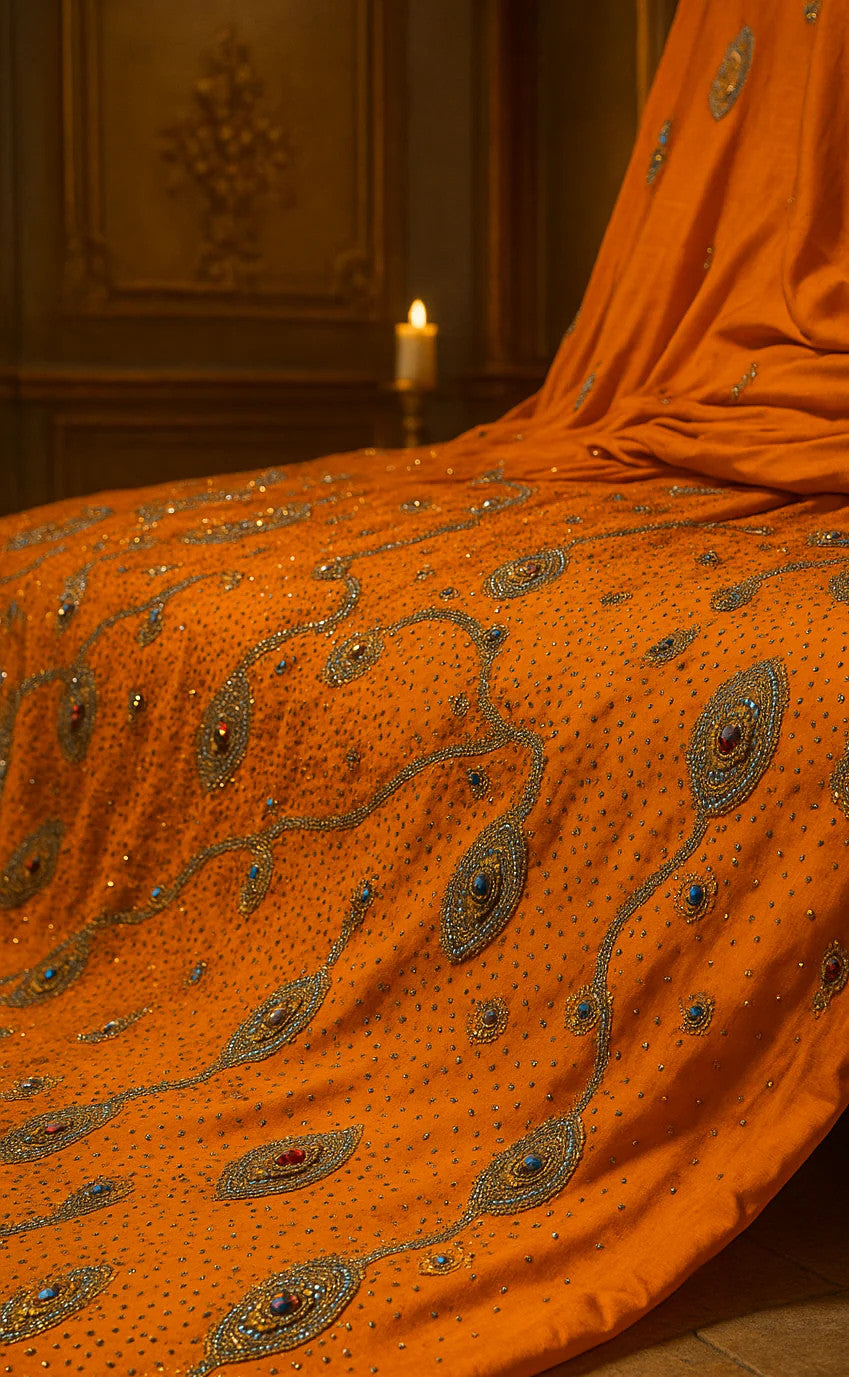 Luxury Hand-Embellished Orange Fabric – Royal Diamond Stonework | Premium