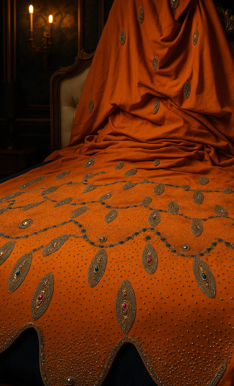 Luxury Hand-Embellished Orange Fabric – Royal Diamond Stonework | Premium