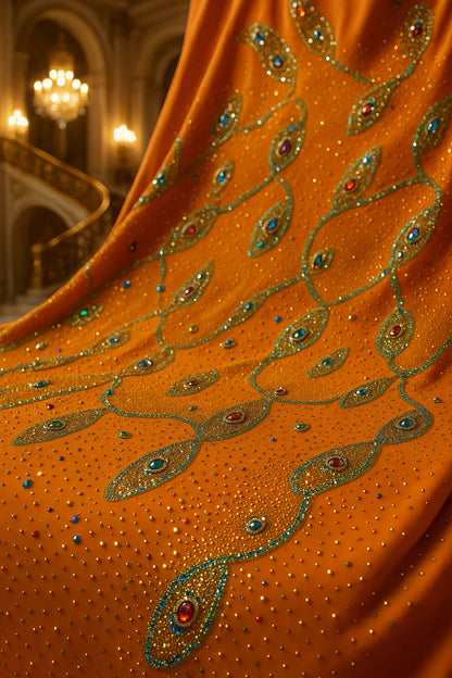 Luxury Hand-Embellished Orange Fabric – Royal Diamond Stonework | Premium
