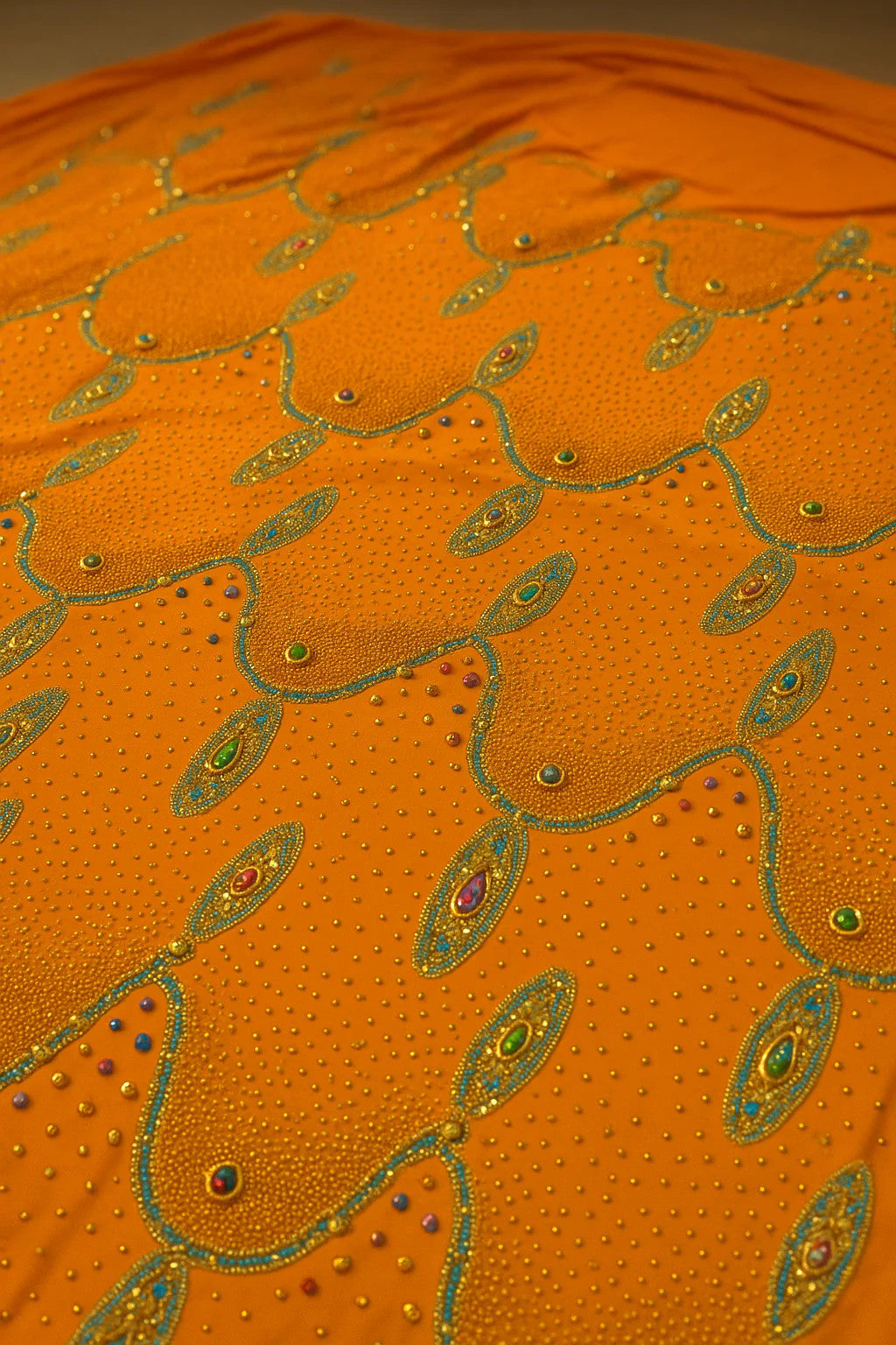 Luxury Hand-Embellished Orange Fabric – Royal Diamond Stonework | Premium