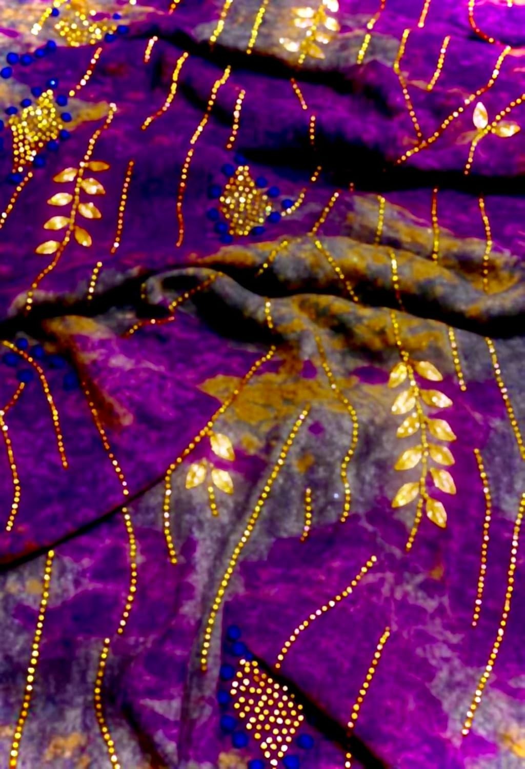 Royal Purple with Gold Embroidery &amp; Blue Beads on Olive-Green Velvet