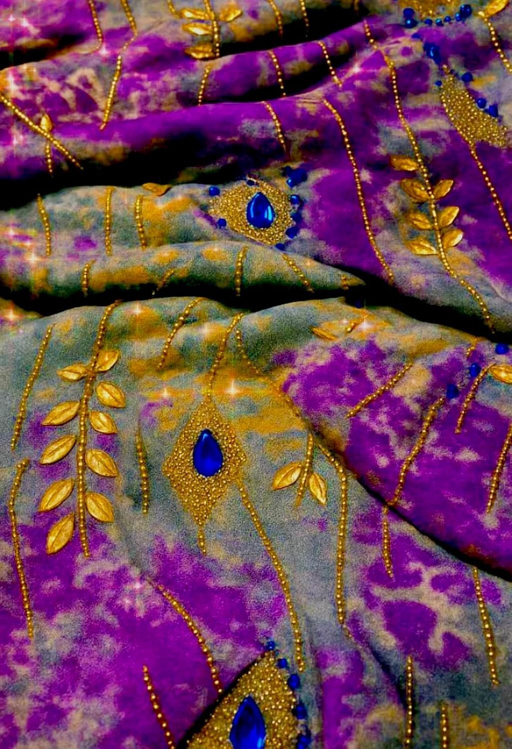 Royal Purple with Gold Embroidery &amp; Blue Beads on Olive-Green Velvet