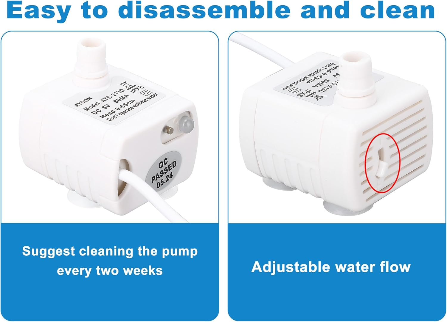 Super Quiet Replacement Pump for Cat Water Fountain with Adjustable Water, Universal Compatible Pet Water Fountain Pump