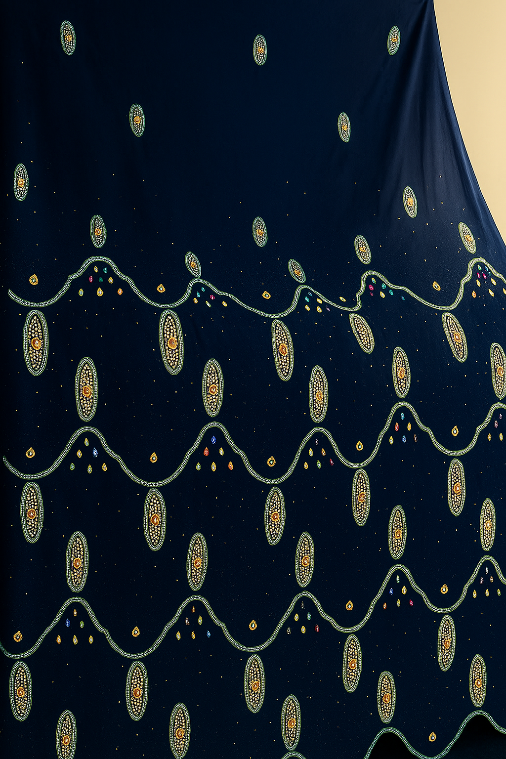 Elegant Navy Blue Chiffon – Beaded Royal Waves - Mohammad collection