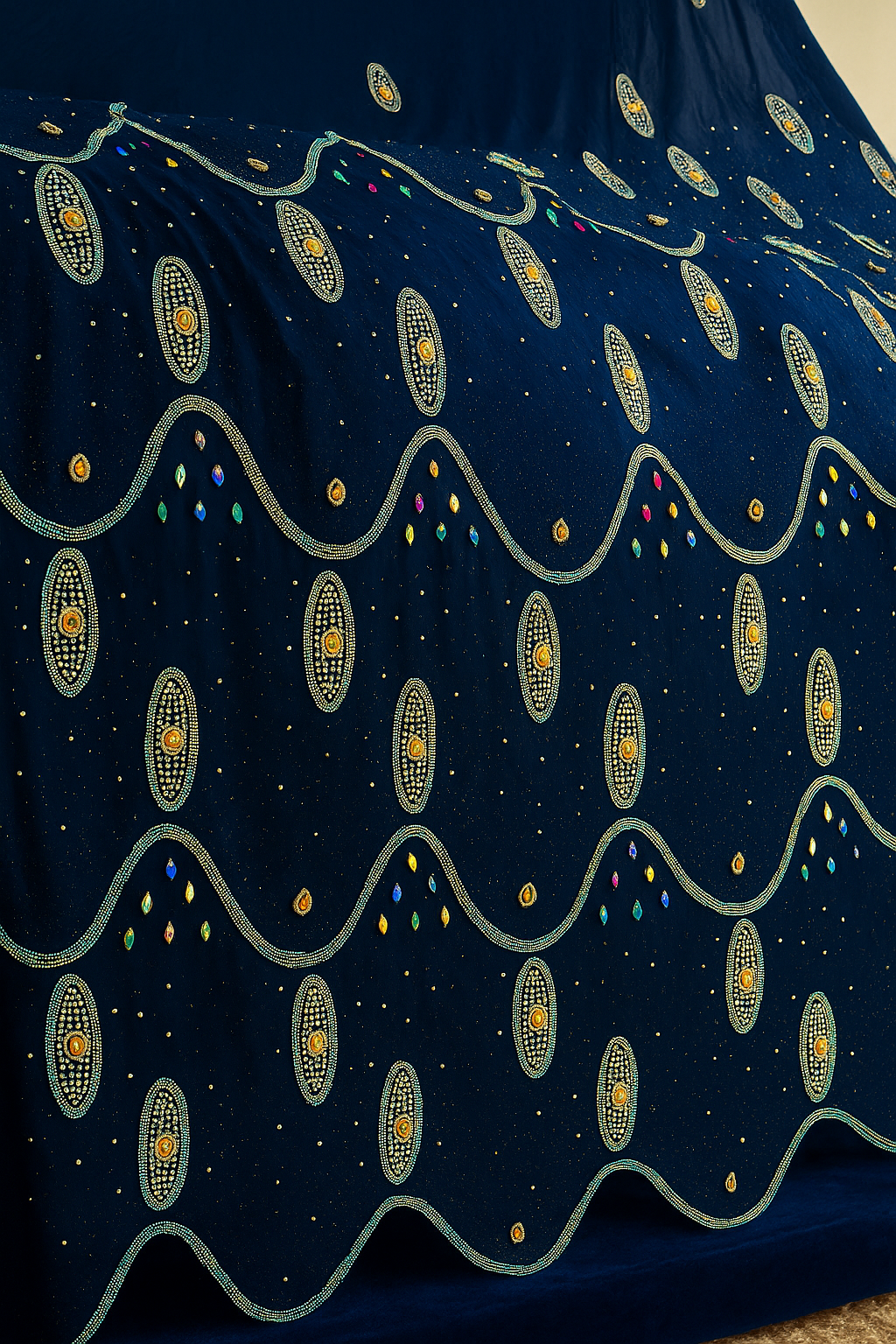 Elegant Navy Blue Chiffon – Beaded Royal Waves - Mohammad collection