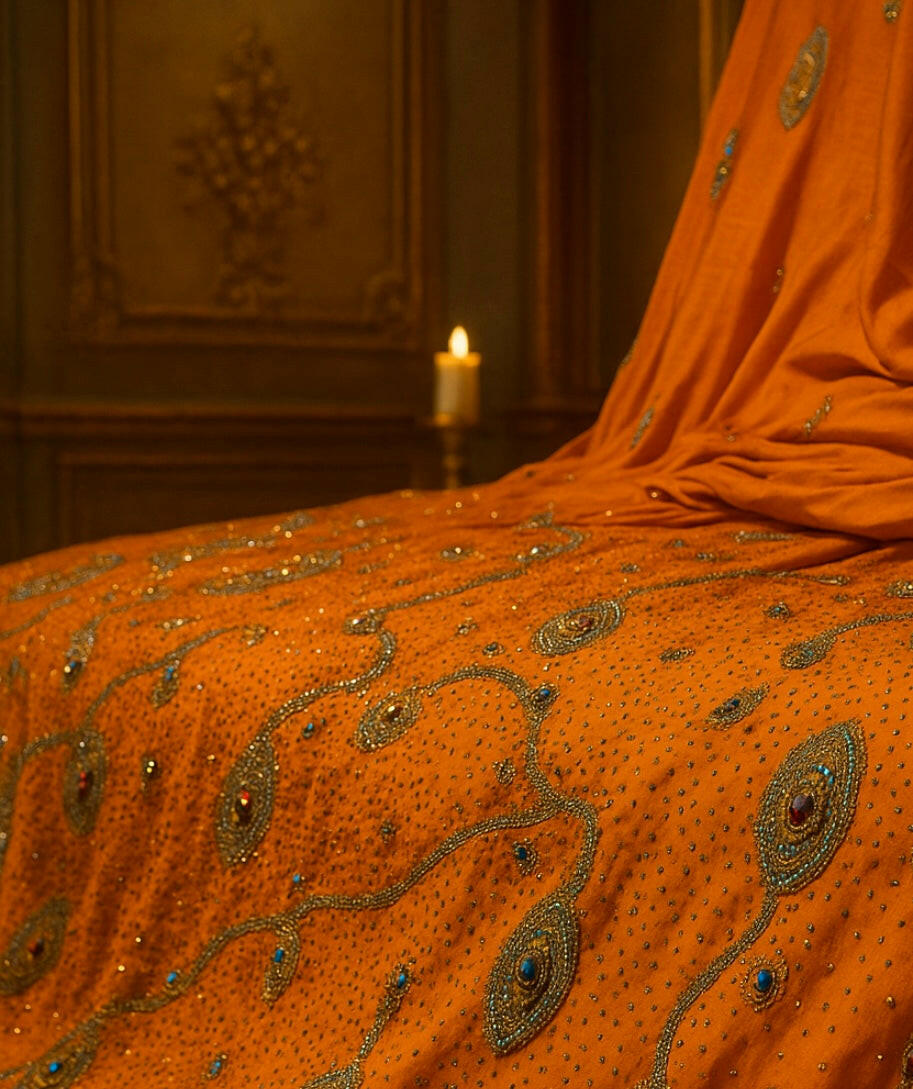 Luxury Hand-Embellished Orange Fabric – Royal Diamond Stonework | Premium Formal Wear Material - Mohammad collection