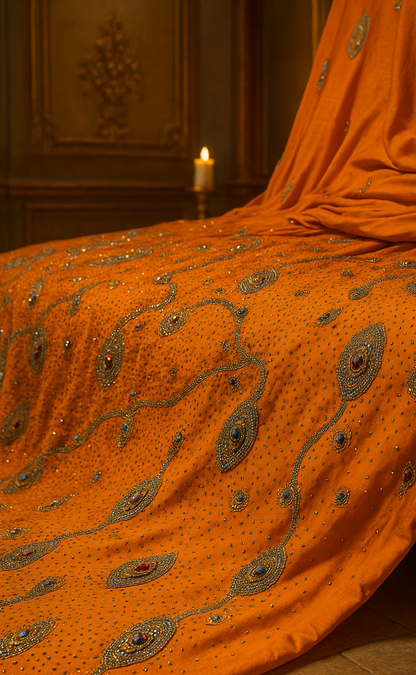 Luxury Hand-Embellished Orange Fabric – Royal Diamond Stonework | Premium Formal Wear Material - Mohammad collection