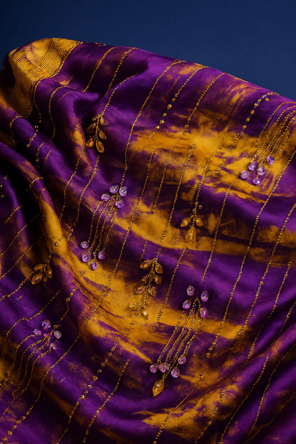 Royal Golden Plum Chiffon with Hand Embellished Gold Leaves &amp; Crystal Droplets