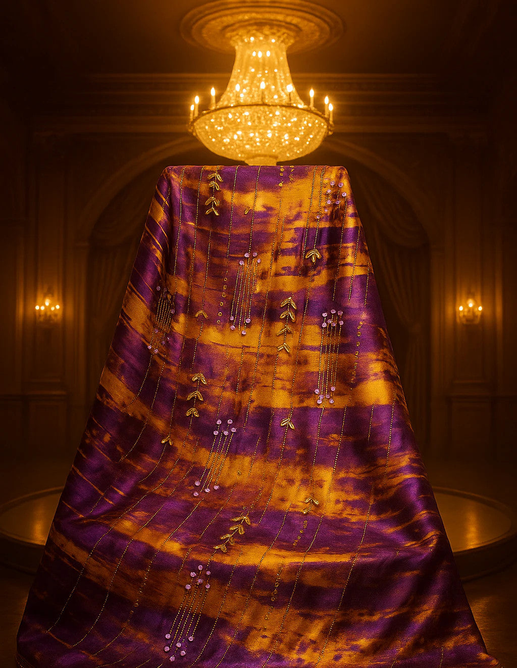 Royal Golden Plum Chiffon with Hand Embellished Gold Leaves &amp; Crystal Droplets