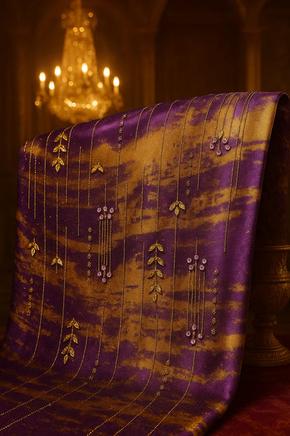 Royal Golden Plum Chiffon with Hand Embellished Gold Leaves &amp; Crystal Droplets