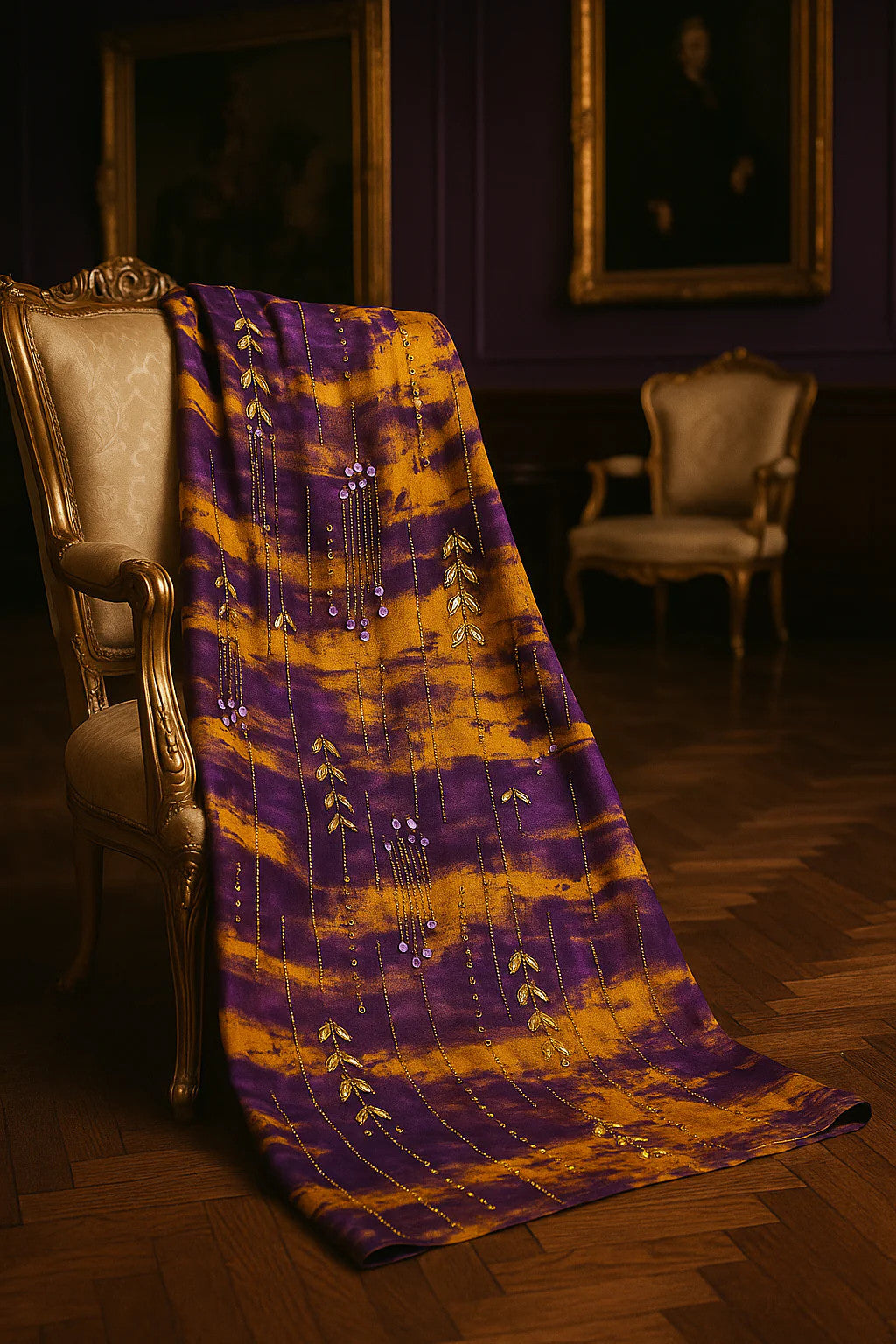 Royal Golden Plum Chiffon with Hand Embellished Gold Leaves &amp; Crystal Droplets