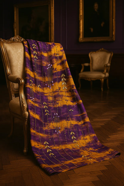 Royal Golden Plum Chiffon with Hand Embellished Gold Leaves &amp; Crystal Droplets
