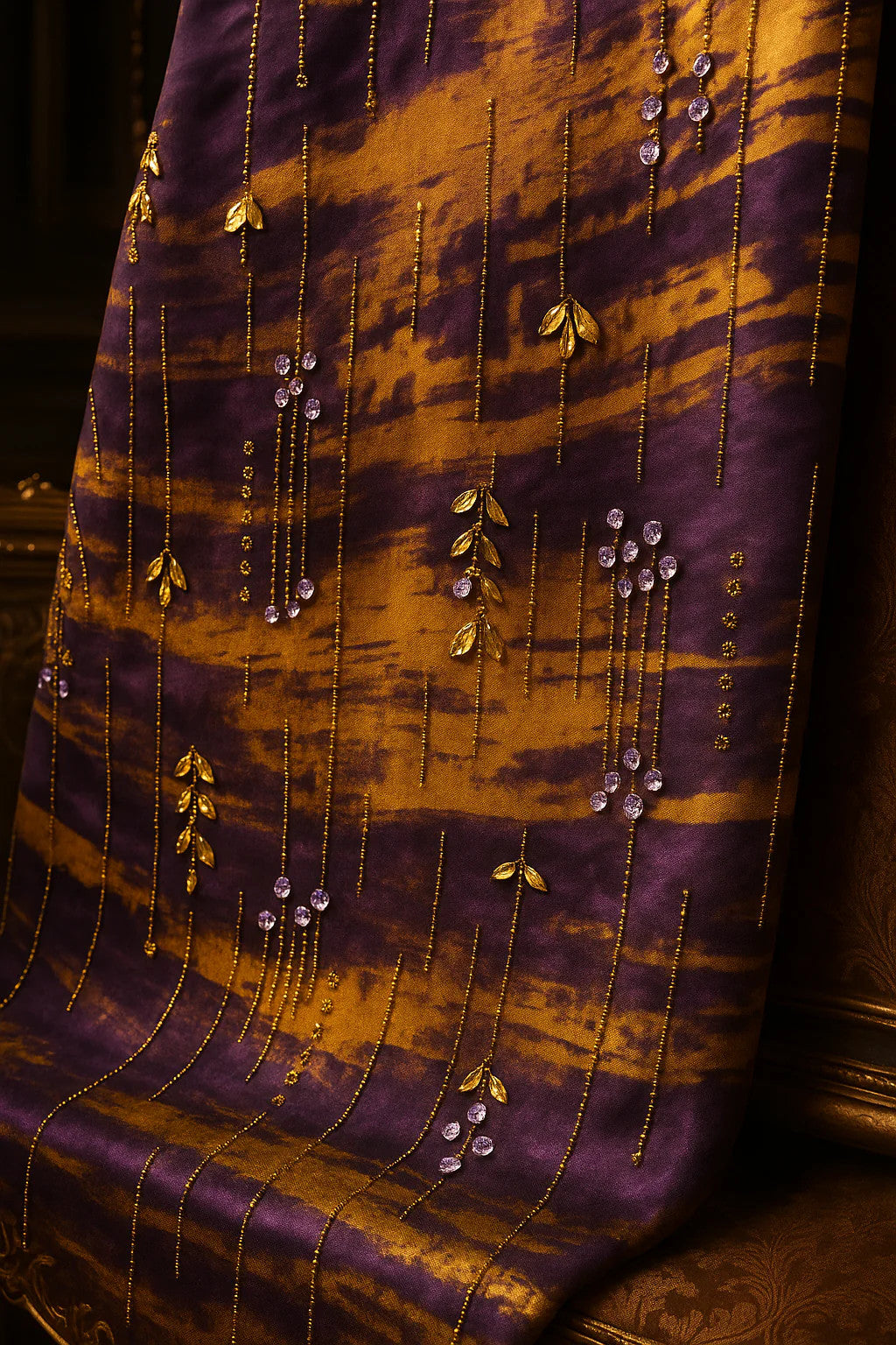 Royal Golden Plum Chiffon with Hand Embellished Gold Leaves &amp; Crystal Droplets