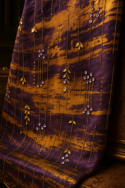 Royal Golden Plum Chiffon with Hand Embellished Gold Leaves &amp; Crystal Droplets