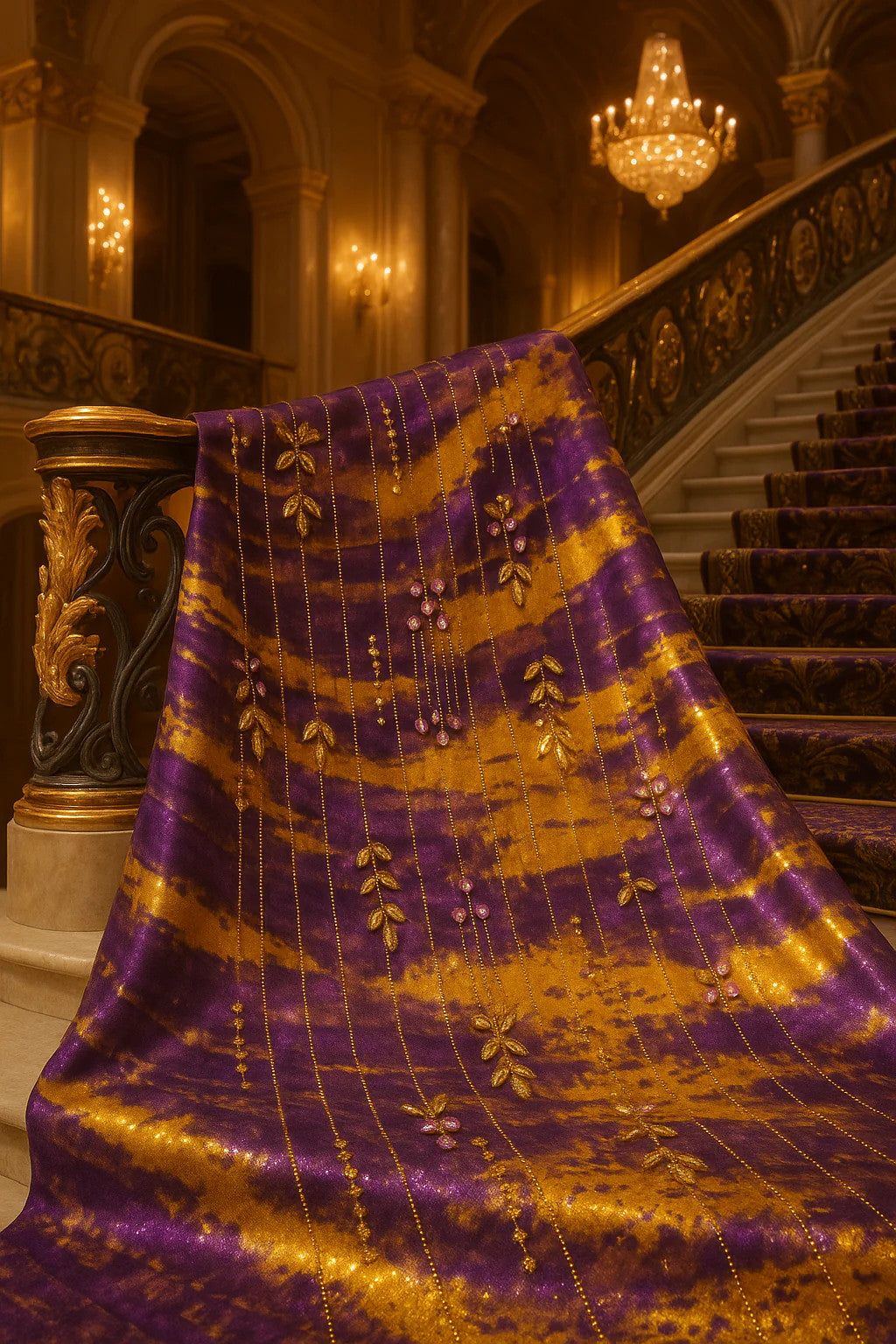 Royal Golden Plum Chiffon with Hand Embellished Gold Leaves &amp; Crystal Droplets