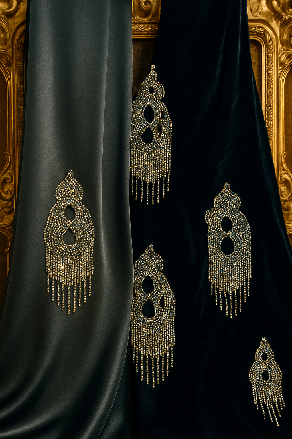 Twin Glamour – Midnight Black &amp; Ash Grey Velvet with Rhinestone Motifs - Mohammad collection